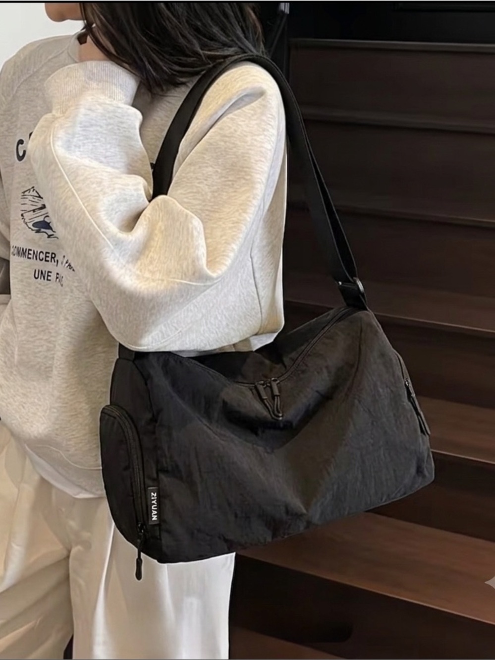 Black Lightweight Shoulder Bag with Easy-Access Zipper